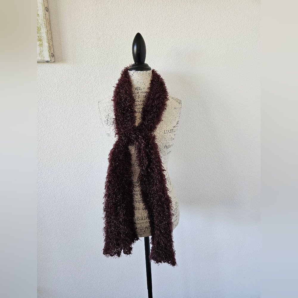 Vintage-Inspired Fuzzy Burgundy Shaggy Scarf Deep Wine Texture Wrap​